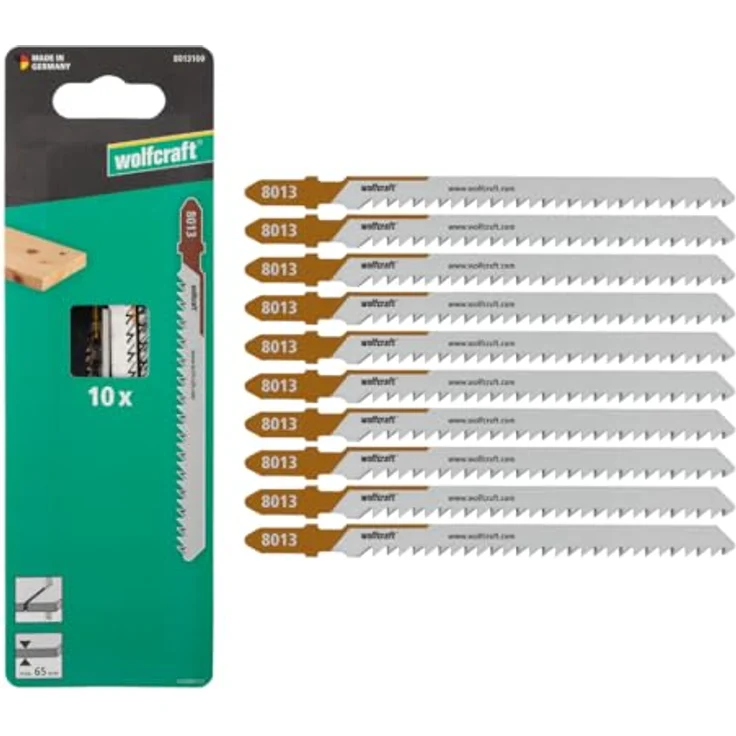 wolfcraft 10 HCS Stichsägeblätter, feiner Schnitt für Weichholz und MDF, T-Schaft, Schnitttiefe 65mm, made in Germany, 8013100 – Bild 1