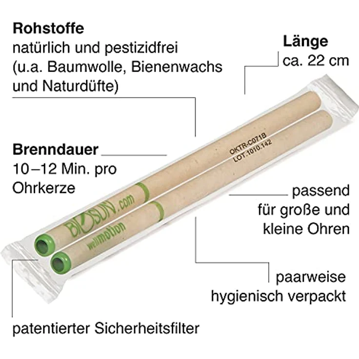 10 Stück (5 Paar) BIOSUN wellmotion Ohrkerzen / Ohrenkerzen Mit Sicherheits-Filter. Belebender Duft Von Lemongras, Eukalyptus Und Limette – Bild 3