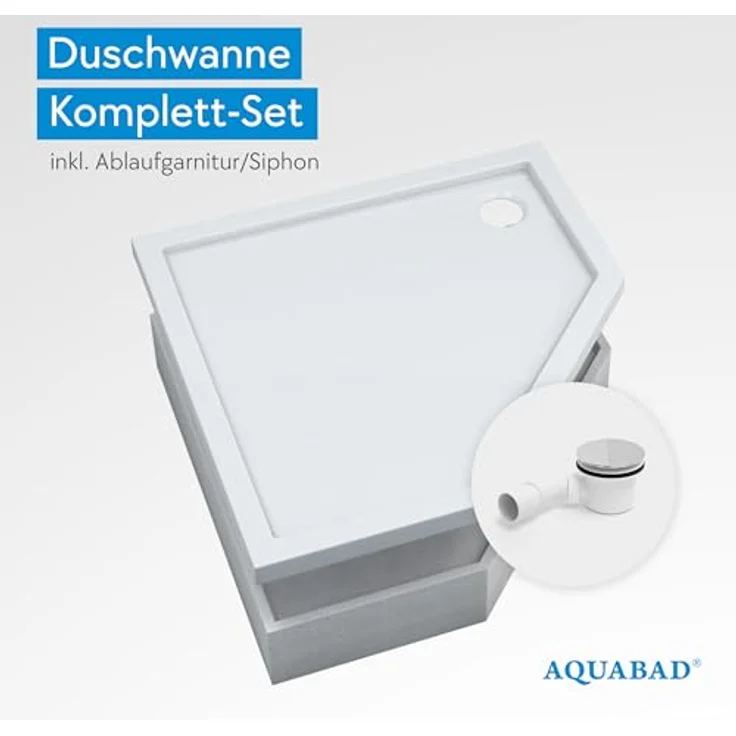 Aquabad® Duschwanne BASIC Smooth White, Fünfeck, Acryl, 90x90 cm mit Styroporträger und Ablaufgarnitur – Bild 2