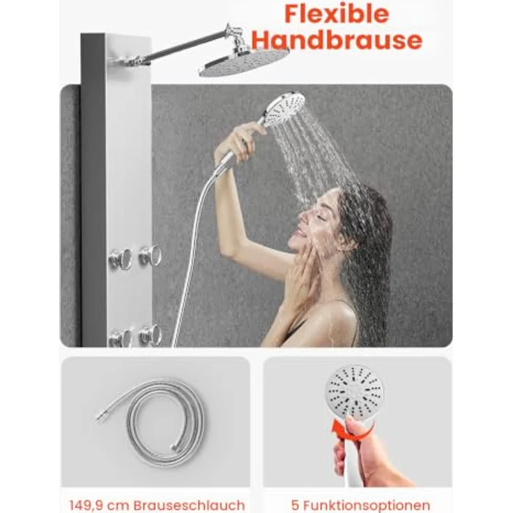 VEVOR Duschpaneel-Turmsystem 3 in 1 mit 124 cm Duschsäule aus gebürstetem Edelstahl, Regenwasserfall-Duschkopf, Handbrause & 6 Massagedüsen zur Wandmontage – Bild 5