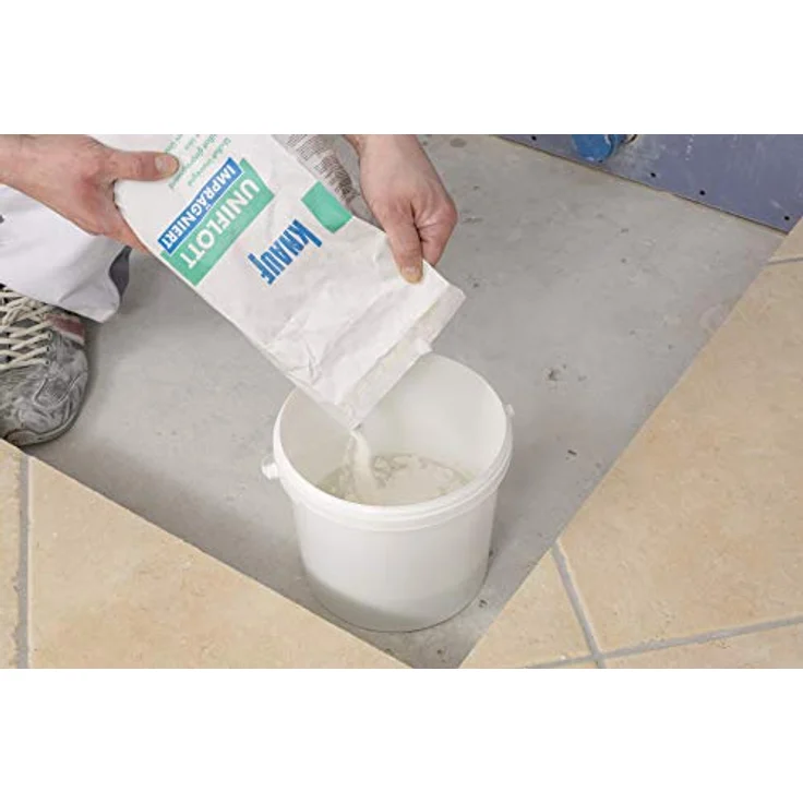Knauf Uniflott imprägniert Gipsspachtel-Masse zum Verspachteln von imprägnierten Gipsplatten mit HRK bzw. HRAK ohne Fugen-Deckstreifen, 5 kg – Spezial-Gips, wasser-abweisende Spachtel-Masse – Bild 5
