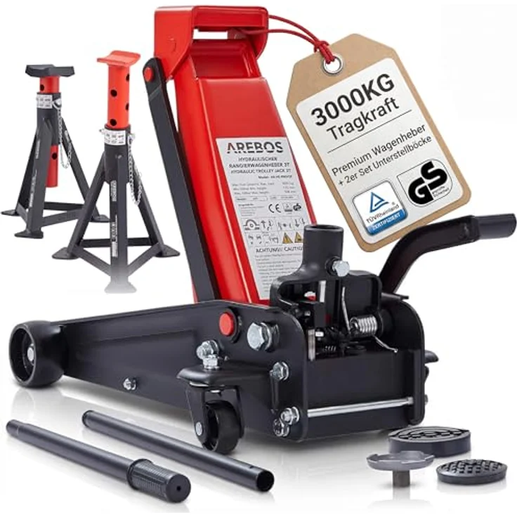 AREBOS 3T Hydraulischer Rangierwagenheber mit Fußpedal, 2x Unterstellbock, 3 Tonnen Tragkraft, 2x Auflagen - Schwarz/Rot, für einfaches und sicheres Arbeiten unter dem Auto in Werkstatt und Garage – Bild 2
