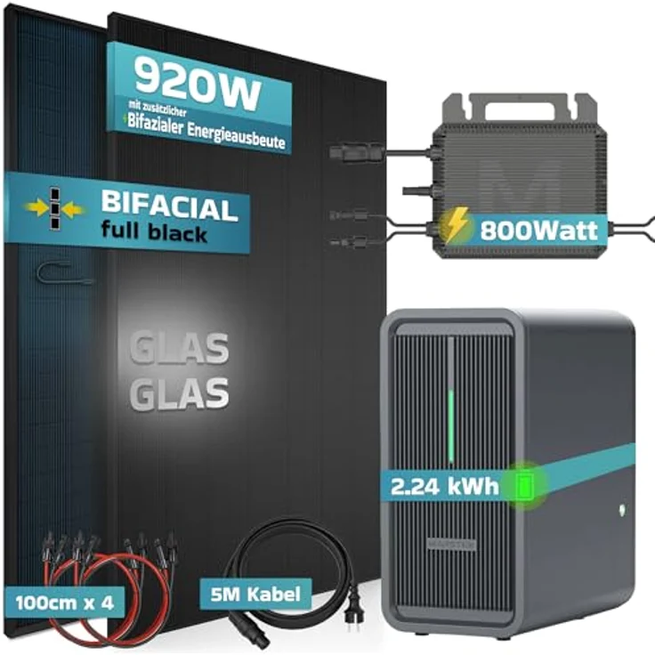 SUNNIVA® 920W Balkonkraftwerk, PV Komplettset mit 2x 460W Bifacial N-Type Modulen, 2,24 kWh Speicher Marstek B2500-D, Plug & Play Steckdose, FULLBLACK – Bild 3