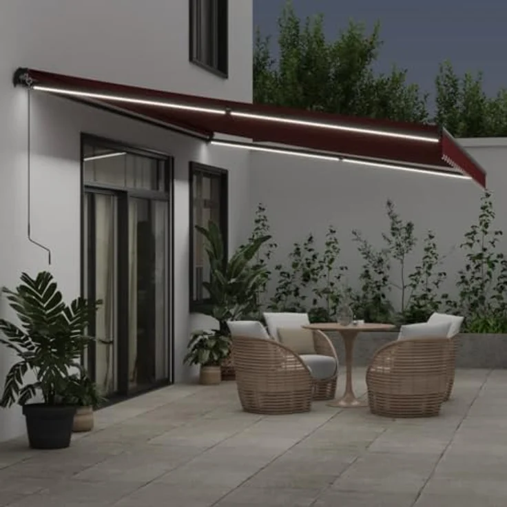 vidaXL Markise Manuell mit LEDs Weinrot 600x300 cm - UV-beständiges Material, einfache Bedienung, gemütliche LED-Beleuchtung – Bild 4