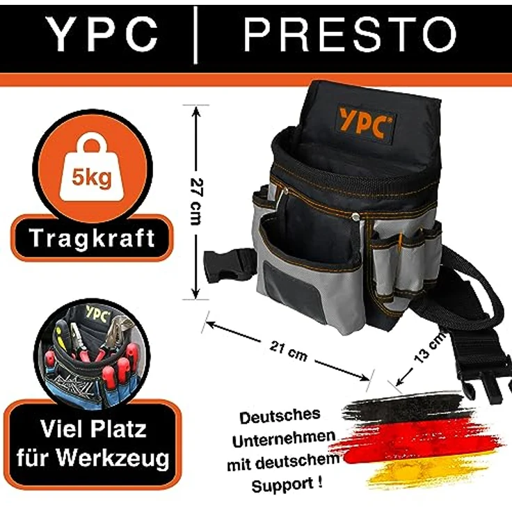 YPC Presto Werkzeug Gürteltasche XL – wasserfeste Werkzeugtasche mit 12 Taschen, Hammerschlaufe, reißfestem Nylongürtel, Grau-Schwarz, 27x21x13cm, 5 kg Tragkraft – Bild 2