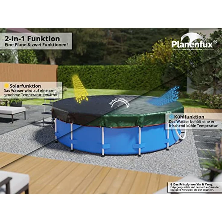 Planenfux® Winter Poolabdeckung rund für Ø 366 cm (320-366cm) | 2-in-1 Poolplane aus 200g/m² PE Material | UV-resistente Sommer & Winter Solar Abdeckplane | Ø420cm Pool Winterabdeckung – Bild 5