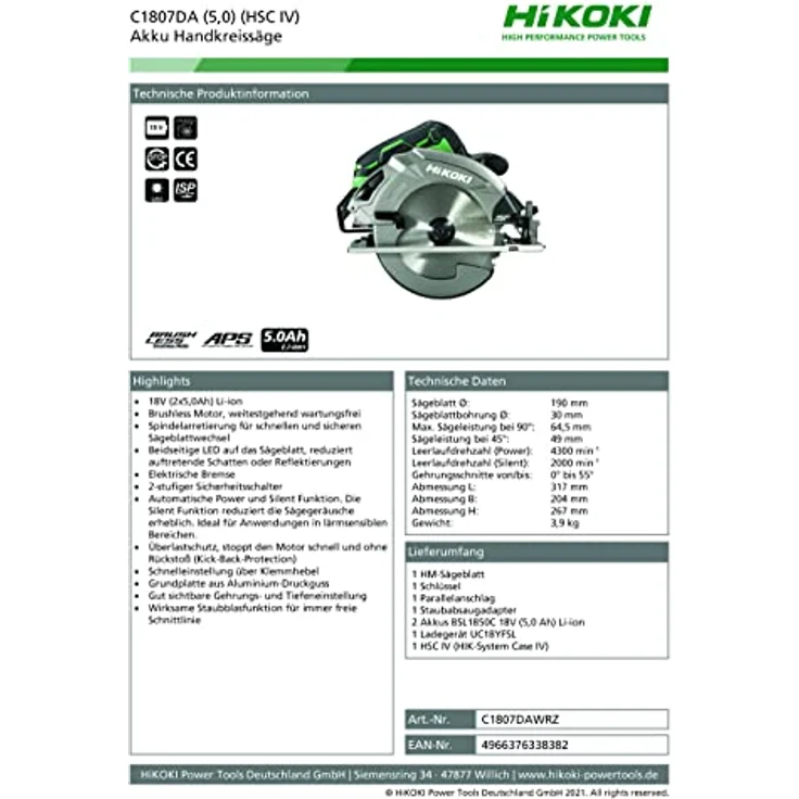 HIKOKI, Akku Handkreissäge, C1807DAWRZ, (5,0 Akku) (HSC IV), Grün Schwarz – Bild 2