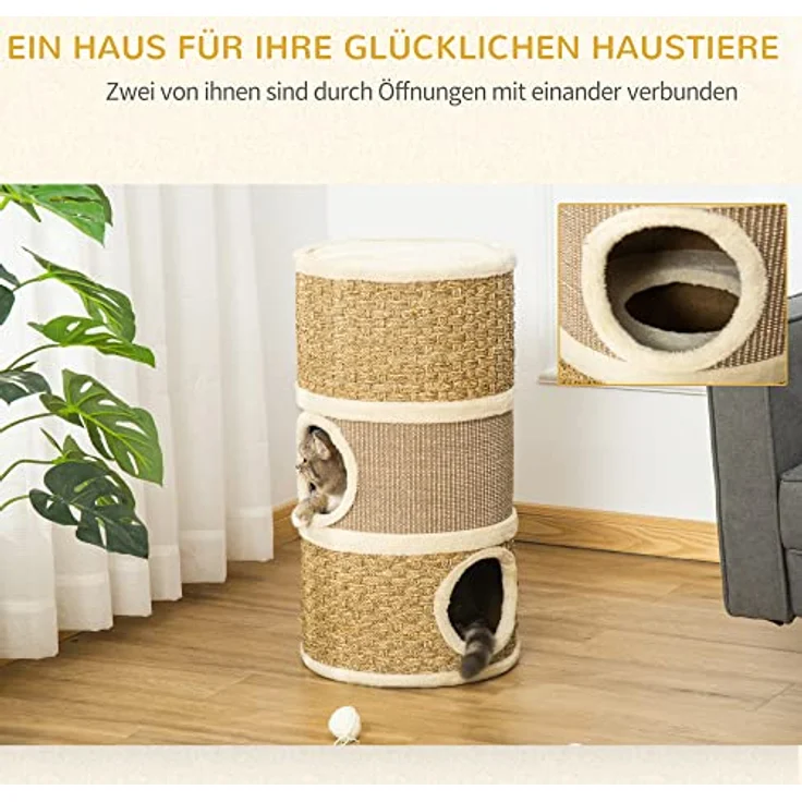 PawHut Katzenkratzbaum Kratztonne für Katzen 3 Ebenen Katzenbaum Kletterbaum Katzenmöbel mit Sisal Plüsch 37,5 x 37,5 x 70 cm – Bild 4