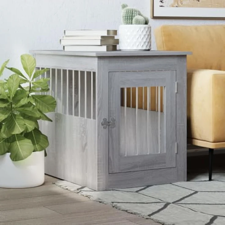 vidaXL Hundekäfig im Möbelstil, Abschließbar Hundebox mit Tür, Hundehütte Beistelltisch mit 2-in-1-Funktion, Hundehaus Haustierkäfig, Grau Sonoma 55x75x65 cm Holzwerkstoff – Bild 2