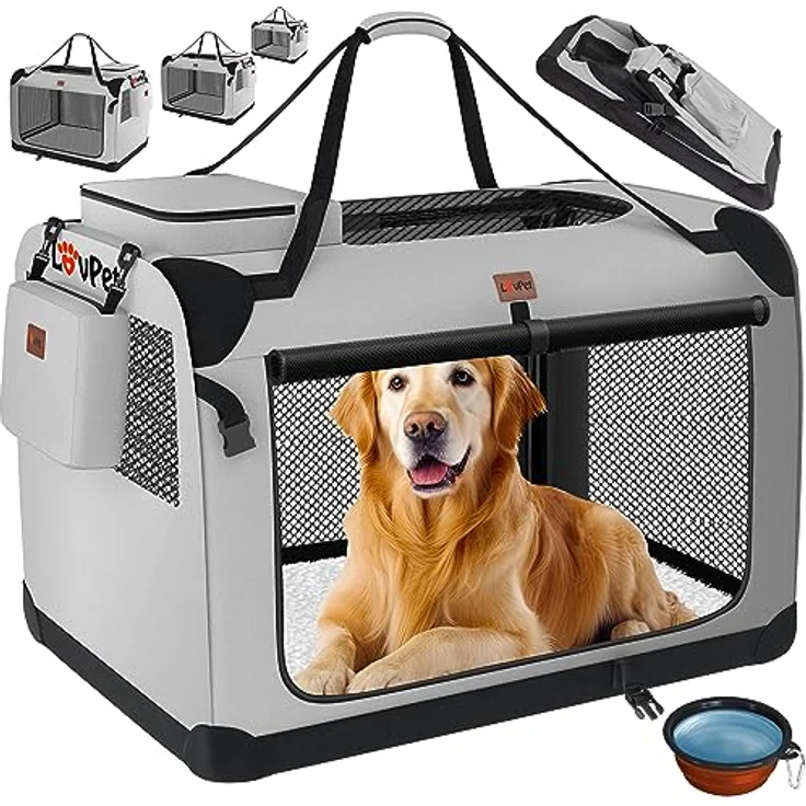 Lovpet® Hundebox Hundetransportbox faltbar Inkl.Hundenapf XXXL 102x69x69cm Transporttasche Hundetasche Transportbox für Haustiere, Hunde und Katzen Haustiertransportbox Hellgrau – Bild 1