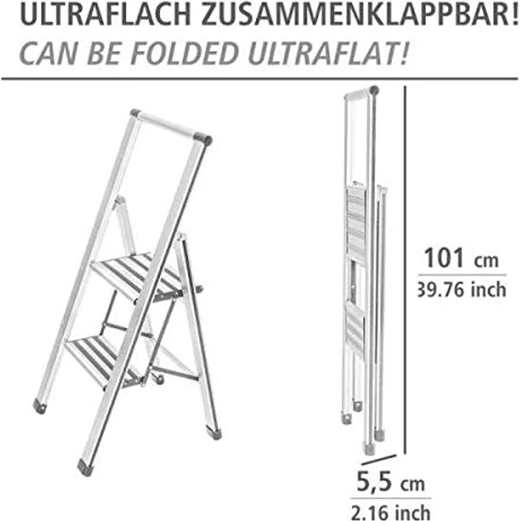 WENKO Leichte Aluminium Trittleiter mit 2 Stufen für 50 cm höheren Stand, rutschsichere XXL-Stufen, Design Klapptrittleiter mit 44 x 101 x 5,5 cm, Süd zertifiziert, weiß – Bild 5