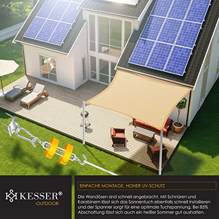 KESSER Sonnensegel Sonnenschutz Windschutz HDPE Gewebe wasserabweisend & windabweisend 5-Fach quer vernäht robust & stabil Schattenspender Garten Balkon Terrasse Rechteck, Sand, 2x4m – Bild 8