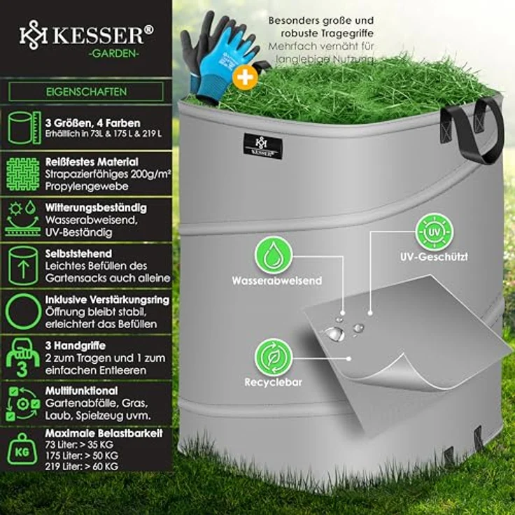 KESSER® Pop-Up-Gartensack 3x 175L Set, faltbare Laubsäcke mit stabilen Griffen, wasser- und schimmelresistent, inkl. Handschuhe для Gartenabfälle und Grünschnitt – Bild 2