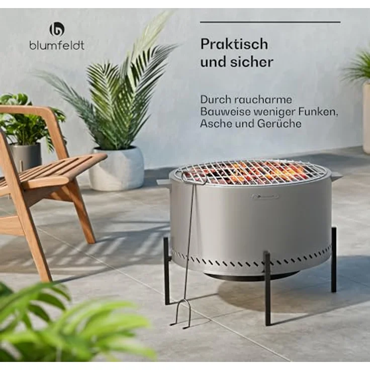 blumfeldt Ignite Pure Feuerschale, fast rauchfrei, Edelstahlrahmen, tragbar & kompakt, inklusive Grillrost & Regenschutz, leicht zu reinigen, perfekt für Garten & Camping – Bild 4