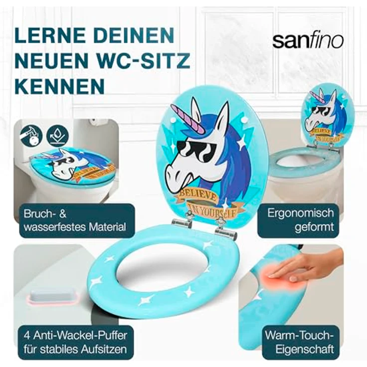 Sanfino WC Sitz Funky Unicorn, Toilettendeckel aus Holz mit Absenkautomatik, hellblau mit buntem Einhornmotiv, Maße 43,5 x 37,5 cm – Bild 4