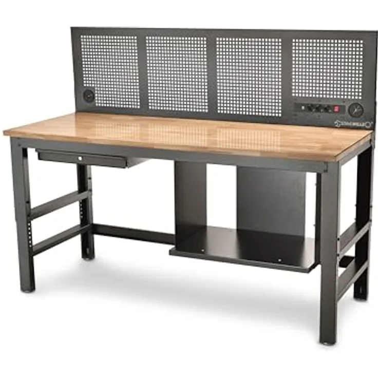 Stahlwille 85010630 Werkstatt Höhenverstellbare Werkbank aus FSC-zertifiziertem Gummibaum-Holz, 2000mm x 725mm, mit gelochter Rückwand und abschließbarer Schublade