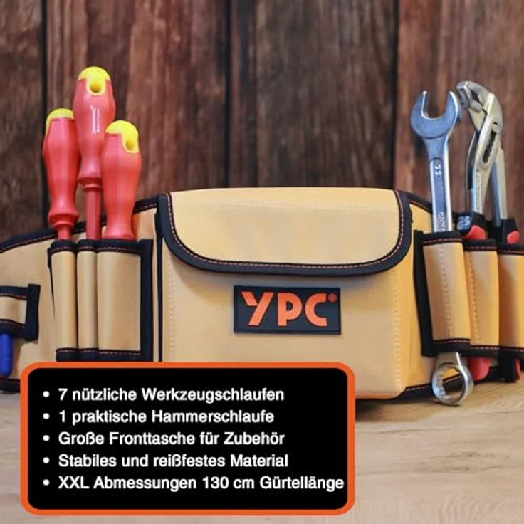 YPC ProBelt – Profi-Werkzeuggürtel mit großer Nageltasche, 7 Steckfächern, Hammerschlaufe, wasserfestem Oxford 600D Polyester, Farbe Khaki, Grau oder Blau – Bild 5
