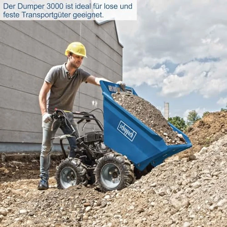 Scheppach Benzin Dumper DP3000 Motorschubkarre | 300kg Traglast | 5,6 PS | 3-Vorwärts-/1-Rückwärtsgang | Allradantrieb | Muldenkipper Mini Motor-Schubkarre Mini-Raupe – Bild 5