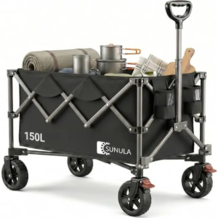 Sunula SUNULA Bollerwagen, Faltbar mit 120KG Tragkraft, Klappbarer Handwagen mit Ein-Klick-Handgriff, Geländegängige Räder mit Bremsen, 150L Volumen, Schwarz