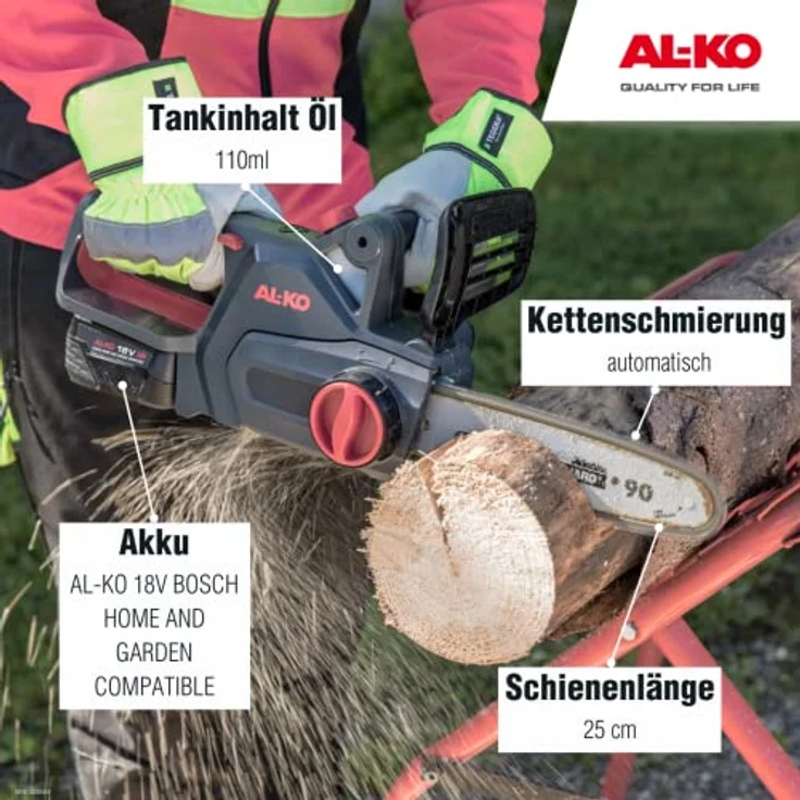AL-KO Akku-Kettensäge CS 1825, ohne Akku u. Ladegerät, 25 cm Schienenlänge, werkzeuglose Kettenspannung, automatische Kettenschmierung, Kettengeschwindigkeit 4,7 m/s, ohne Akku u. Ladegerät – Bild 3