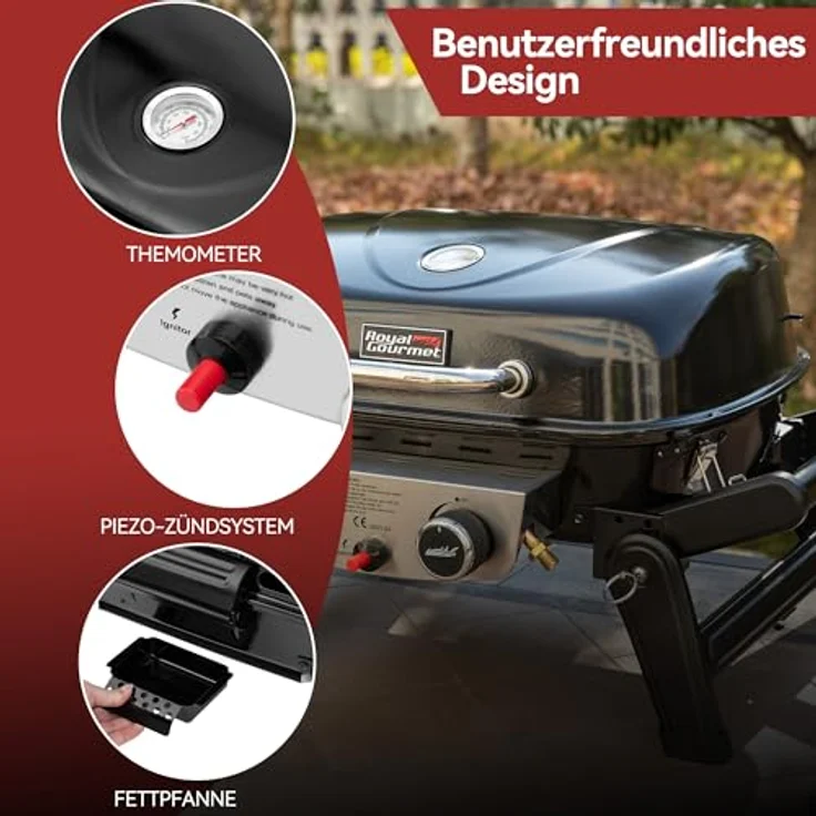 Royal Gourmet 2-Brenner Tragbarer Gasgrill, 5 kW Tischgrill mit klappbaren Seitentischen, portabler BBQ Grill für Balkon, Terrasse, Garten Schwarz – Bild 9