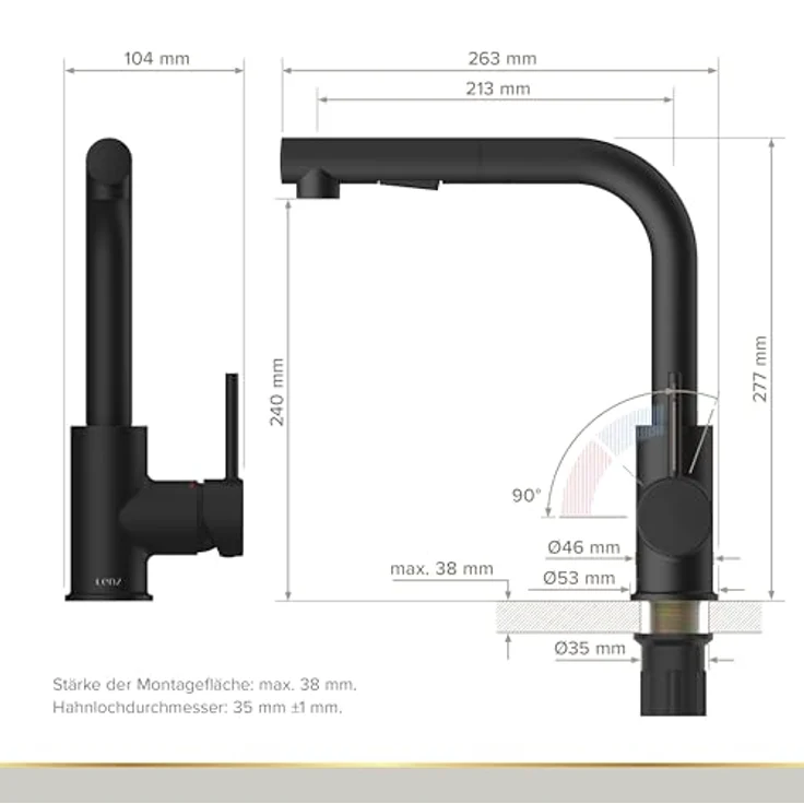 Lenz Küchenarmatur OLINA FLEX, extra hohe Schwarz-matt Armatur mit flexibler Brause, Easy-Weight-System und Cold-Start-Funktion – Bild 6