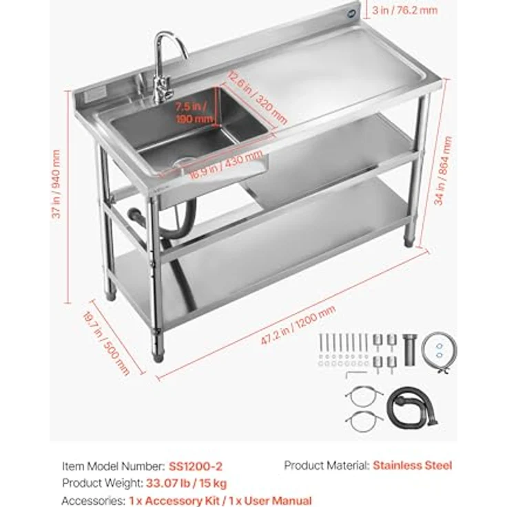 VEVOR Edelstahl Spültisch (120 x 50 x 94 cm) mit 360° Wasserhahn, 2 Ablagefächern und verstellbaren Füßen für Küche, Garage und Restaurant – Bild 7
