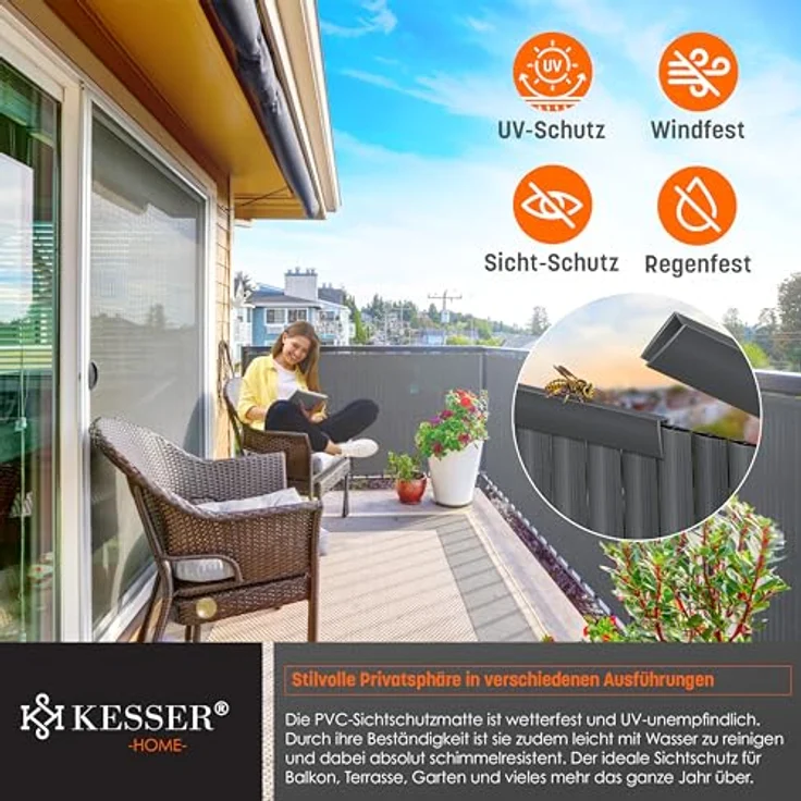 KESSER PVC Sichtschutzmatte Sichtschutzzaun Balkonverkleidung Windschutz Wetterfest verstärkten Lamellen, für Garten, Balkon Terrasse Outdoor Balkonumrandung mit Kabelbindern Schwarz, 100 x 300 cm – Bild 4