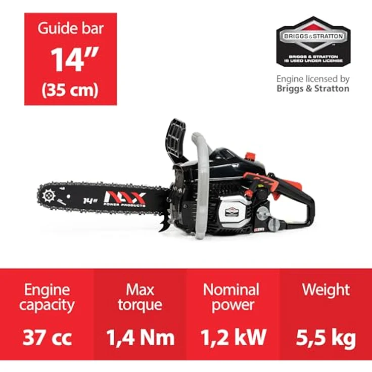 NAX POWER PRODUCTS 200C Motor 37 cm3 1,2kW Führungsschiene 14'' 35cm Anti-Rückschlag-System Low Kickback Briggs & Stratton Lizenzware Benzin-Säge Kettensäge, Schwarz – Bild 2