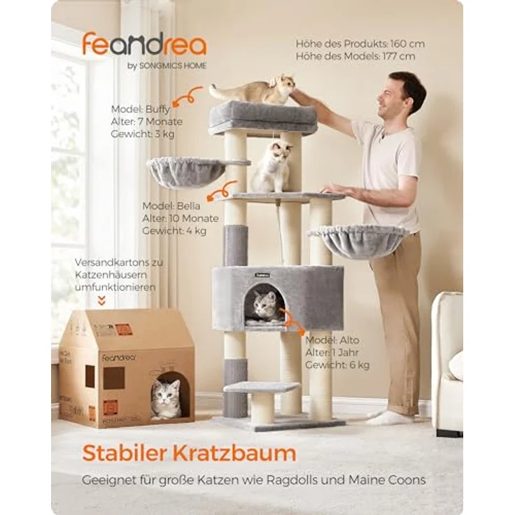 Feandrea Kratzbaum mit selbstwärmenden Decken, für große Katze, Katzenbaum mit 2 Katzenbürsten, 11,1 cm dicke Stämme, große Plattformen, Höhle, 50 x 50 x 160 cm, Taubengrau-cremeweiß PCT003N01 – Bild 3