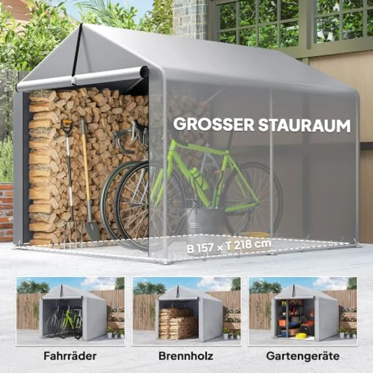Outsunny Garagenzelt 2,2 x 1,6 m, wasserdichtes Gerätezelt mit Rolltür und Satteldach, hellgrau – Bild 5
