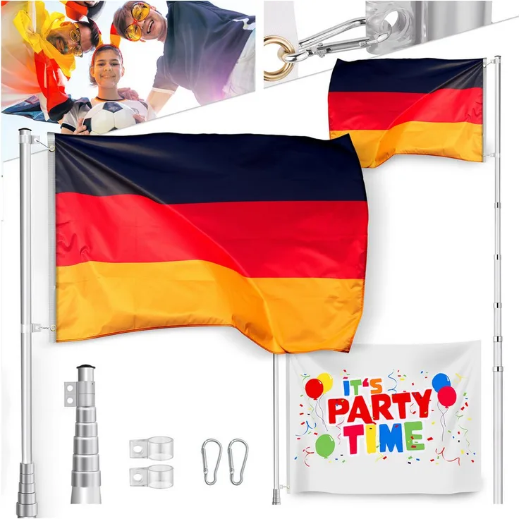 Onbest Fahnenmast Teleskop, 6,20 m höhenverstellbar mit Deutschland- und Partyfahne, inklusive Karabiner und Bodenhülse