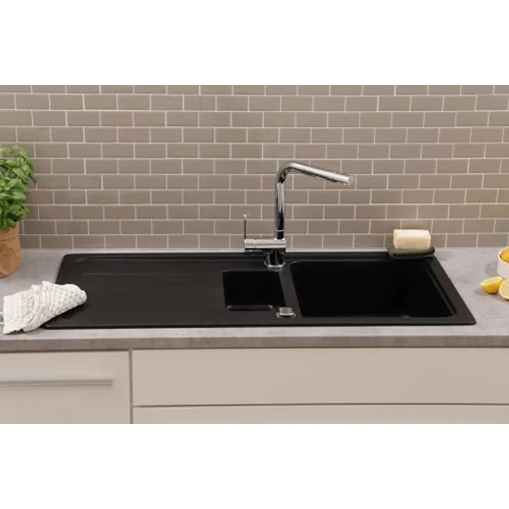 Respekta Austin Massivgranit Spüle 100 x 50 cm, Hitzebeständig, 1,5 Becken, Schwarz, für Unterschränke ab 60 cm Breite – Bild 2