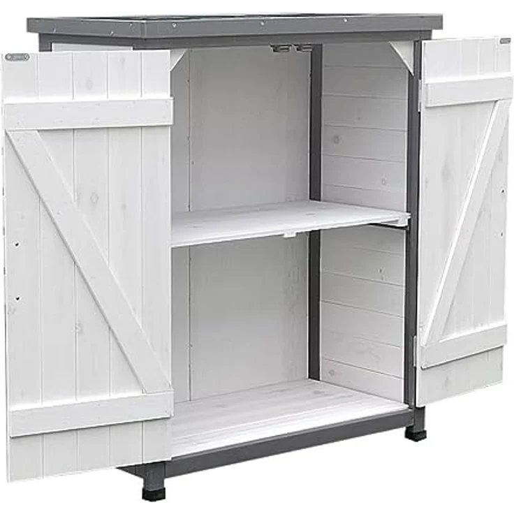 Melko Gartenschrank Weiß/Grau Geräteschrank Gerätehaus Gartenschuppen mit 2 Türen Aufbewahrungsschrank – Bild 3