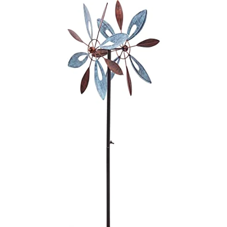 Kinetic Art Copper Flower Duett, Metall Windspiel mit kugelgelagertem Windrad, Solarpanel und LED, wetterfest mit stabilen Bodenankern für Garten und Terrasse – Bild 1