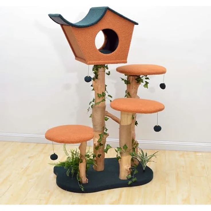 Fudajo Kratzbaum mit Pflanzendeko 135 cm, Teddyfell und Birnbaumholz, Katzenhaus mit Spielbällen, Katzenmöbel, grau – Bild 4