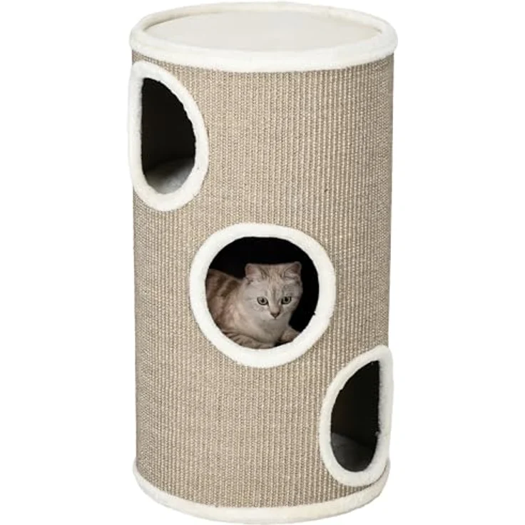 PawHut Kratztonne, Höhe 70 cm, Katzenkratzbaum mit 3 Ebenen, 3 Höhlen, Sisal, Plüsch, Braun – Bild 1