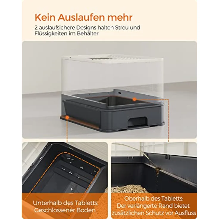 Feandrea Katzenklo, Katzentoilette, mit Deckel, ausziehbares Tablett, Schaufel, Bürste, geräumig für Katzen bis 15 kg, weniger Spuren, auslaufsicherer Boden, beige-schwarz PPT001W01 – Bild 3