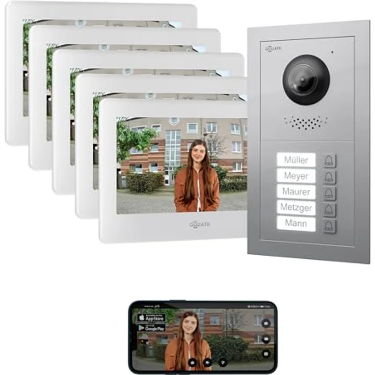 Goliath Intercom Video-Türsprechanlage Türklingel mit 7-Zoll HD Monitor, 160° Kamera, 2-Draht BUS Technologie, Weiß/Schwarz für 5-Familienhaus – Bild 1