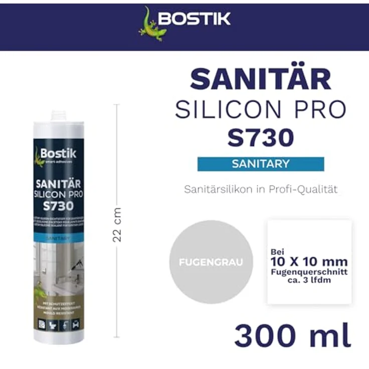 BOSTIK S730 Sanitär Silikon Pro, Fugengrau, 300ml, wasserfest und langlebig für Fugenabdichtung – Bild 2