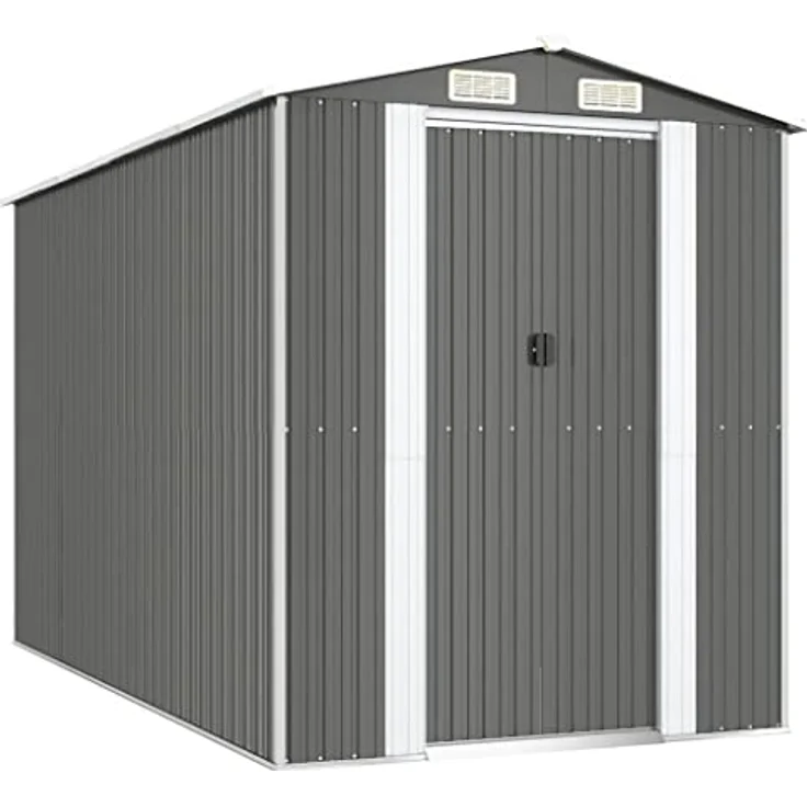 vidaXL Geräteschuppen Gerätehaus Garten Schuppen Gartenhaus Hütte Haus Laube Gartenschuppen Lagerschuppen Hellgrau 192x357x223cm Verzinkter Stahl – Bild 1