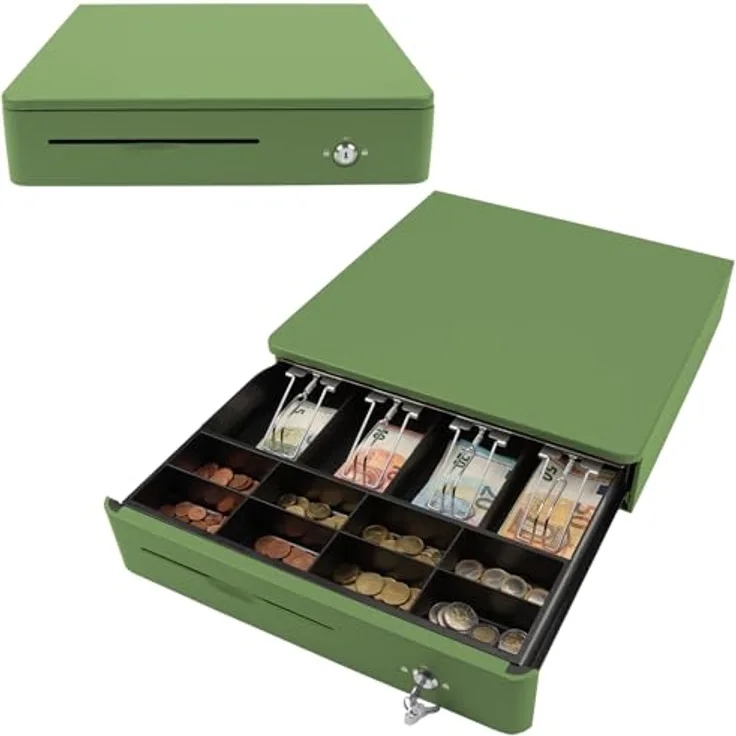 Olympia M 405 Grün, Kassenlade mit 8 Münzfächern, 4 Scheinfächern, Vollmetallgehäuse, elektrischer Anschluss RJ11/RJ12, Schloss und Schlüssel