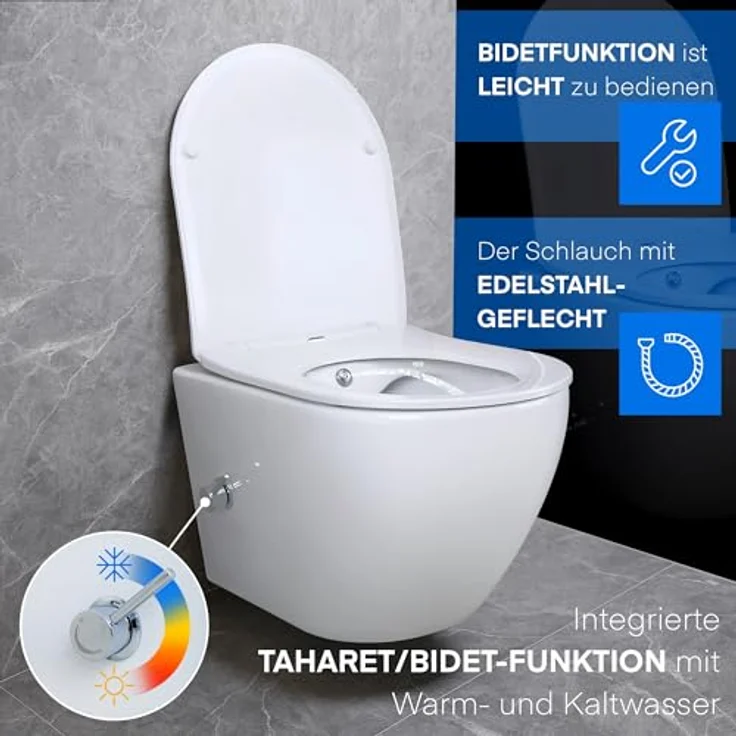 Aloni Tiefspül-WC AL55800+AL0411, Spülrandloses Taharet Dusch WC inkl. Armatur + Sitz Toilette - Keramik in Weiß – Bild 2