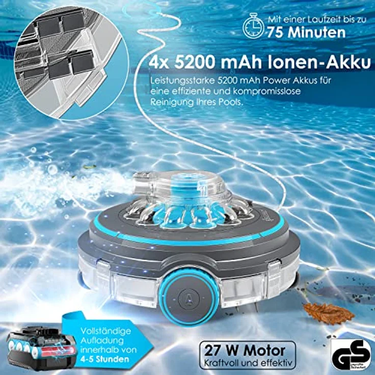 KESSER® Poolroboter Poolreiniger Akku Aqua-9000 inkl. Transporttasche Pool Roboter für bis 80m² Pools, Li-Ion Akku max. 75 min, Kabellos Poolsauger Bodenreinigung Vollautomatisch Bodensauger Anthrazit – Bild 4