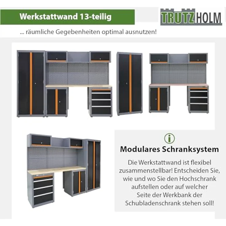 TRUTZHOLM Werkstattwand Werkstattschranksystem Werkstatteinrichtung 13-TLG. Lochwänden | flexibel zusammenstellbar, abschließbar, Hochschrank, Hängeschränke, Unterschränke mit Gasdruckfedern – Bild 3