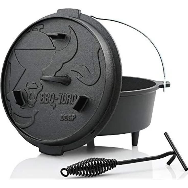 BBQ-Toro Dutch Oven Premium Serie | 7,3 Liter (DO6P), Topf mit Füße | bereits eingebrannt - preseasoned | Verschiedene Größen | Gusseisen Kochtopf | Bräter mit Deckelheber
