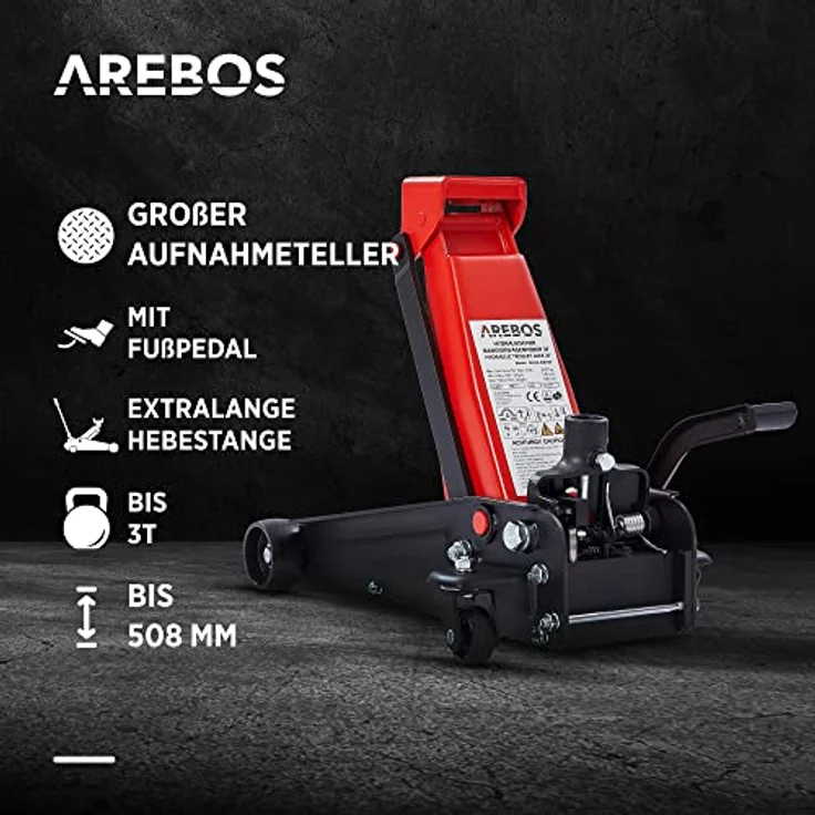 AREBOS 3T Hydraulischer Rangierwagenheber mit Fußpedal, 2x Unterstellbock, 3 Tonnen Tragkraft, 2x Auflagen - Schwarz/Rot, für einfaches und sicheres Arbeiten unter dem Auto in Werkstatt und Garage – Bild 4