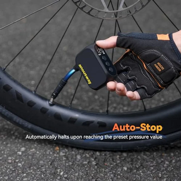 anoutway Tiny Pump AT1 PRO, Mini-Fahrradpumpe elektrisch mit digitalem Manometer, automatische Abschaltung, 2-in-1 Ventil für Mountainbike und Rennrad – Bild 5