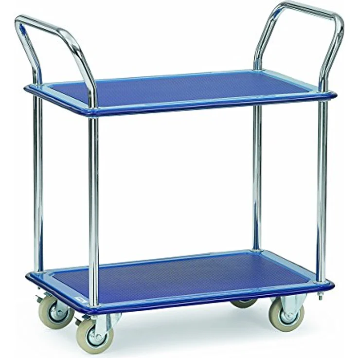 FETRA Transportwagen 3112, 2-stufiger Transportwagen mit 120 kg Tragfähigkeit, brillantblau, Stahlblechplattform mit Antirutschbelag, glanzverzinkte Schiebegriffe, 74x48cm – Bild 2