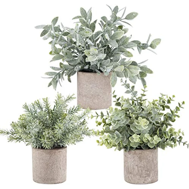 Der Rose 3 Stück Mini-Topfpflanzen, künstliche Eukalyptus-Pflanzen aus Kunststoff, für Zuhause, Büro, Schreibtisch, Bauernhaus, Raumdekoration – Bild 1